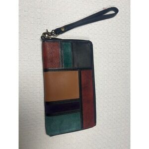 Serrv Patchwork Leather Wristlet Wallet Multi-Color Boho Zip Around Organizer